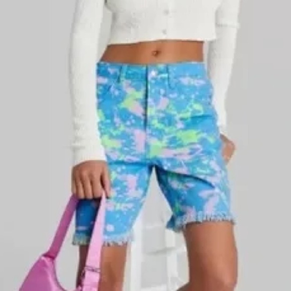 Wild Fable Wmn 6/28 Blue Paint Splatter High-Rise Bermuda Button Fly Shorts NWT